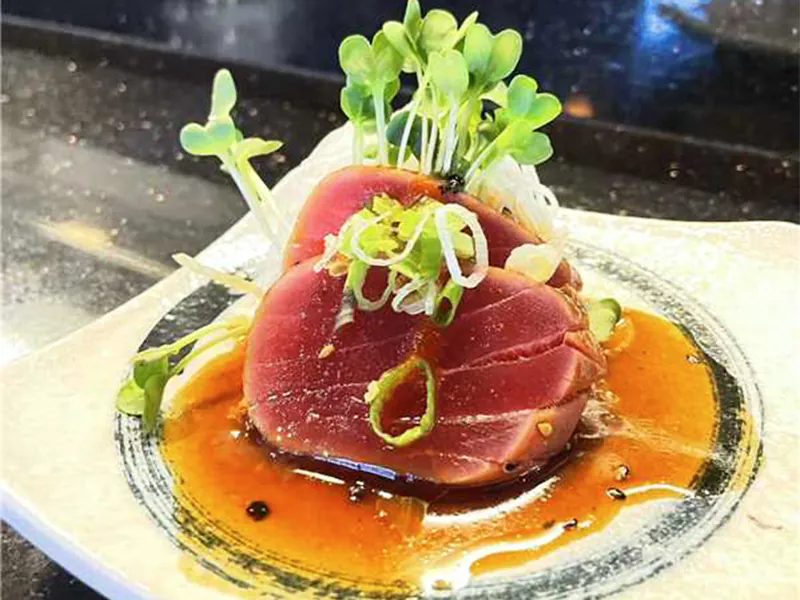 Seared tuna with savory soy glaze and greens at J Sushi & Ramen , a Japanese Restaurant in Pomona